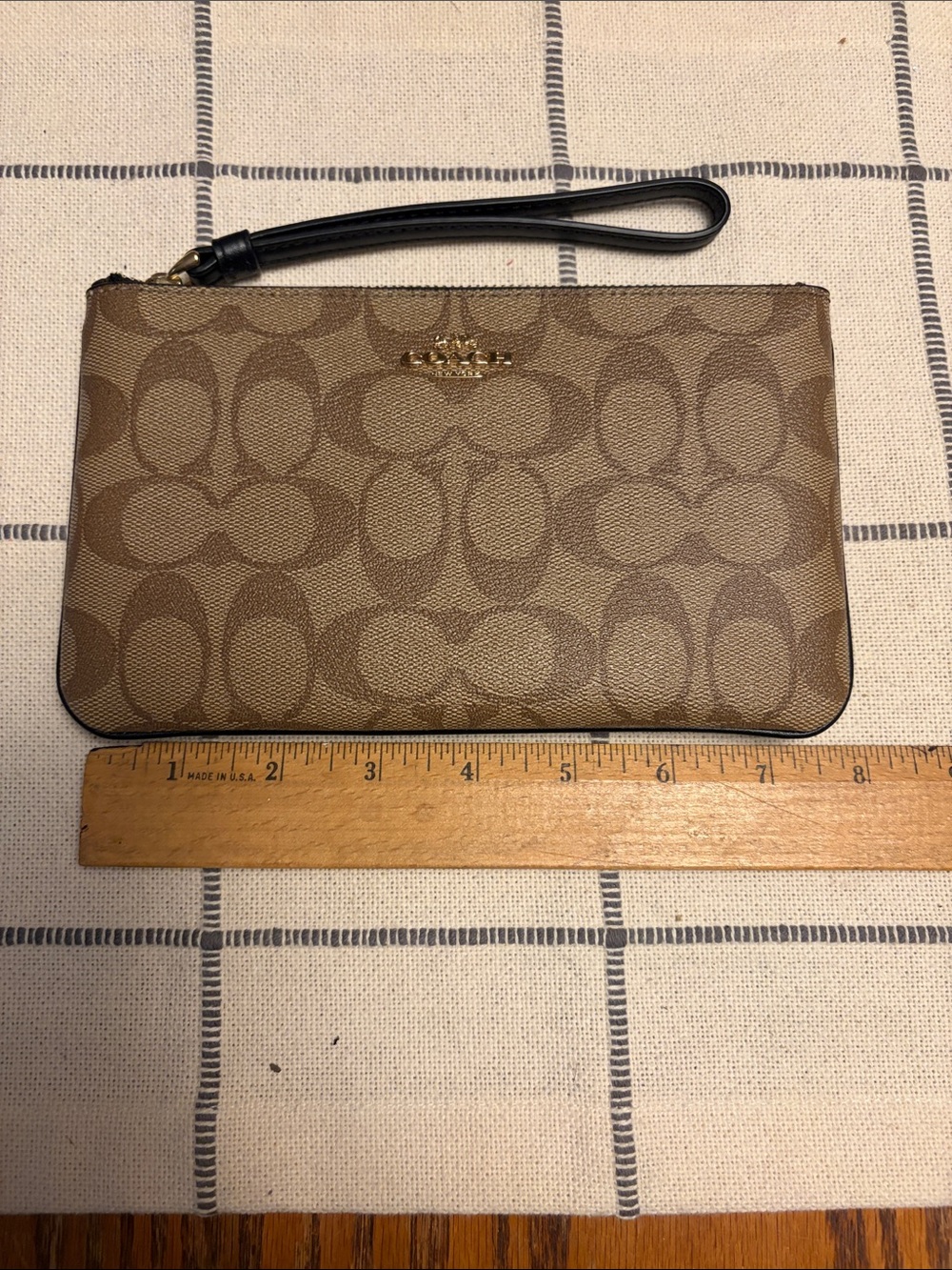 Coach Monogram Canvas Wristlet in Brown with Black Strap